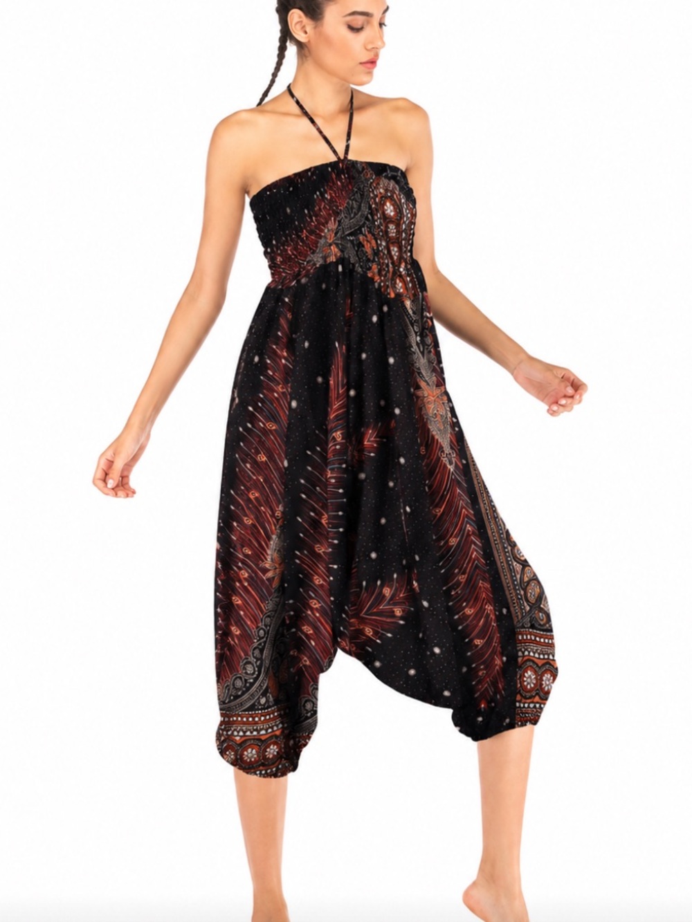 Sivana Boho Harem Jumpsuit with Rust Paisley Print